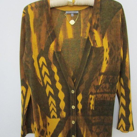 SILK CASHMERE Cardigan Sweater Knit Abstract Brown Gold Logo Button - Picture 3 of 10